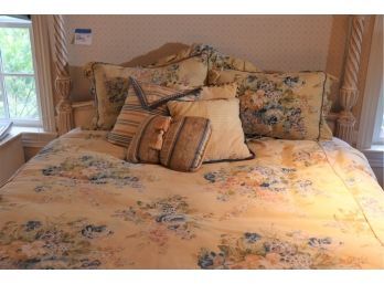 Custom Waverly Queen Size Bedding Ensemble  Floral Bouquet On Pale Yellow Background