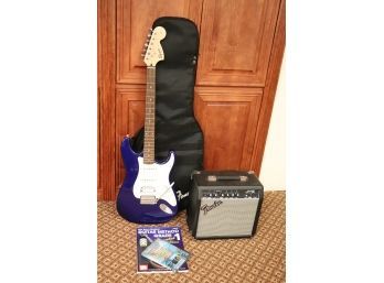 Blue & White Fender Squire Strat Electric Guitar With Carrying Case, Fender Amp & DVD/Book