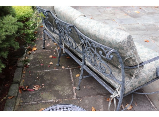 Heavy Charcoal Colored Gray Italian Style Heavy Aluminum Three Seat Patio Bench With Seat And Back Cushions