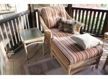 Finely Made All Weather Wicker Chair Ottoman And Side Table, Seat Cushions And Ottoman Are Custom-made