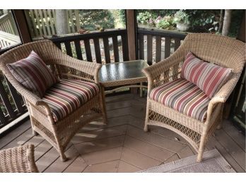 Three Piece, Finely Constructed Quality All Weather Wicker Patio Chairs And Side Table