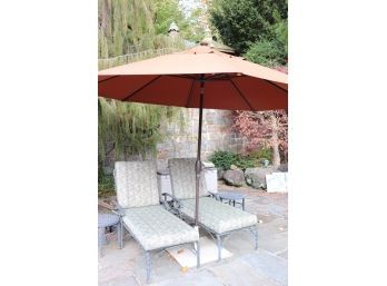 2 Sturdy Cast Aluminum Lounge Chairs, Two Matching Side Tables Plus Sunbrella Market Umbrella From Front Gate