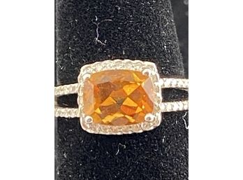 14K WG Womans Ring With Citrine Center Stone Surrounded By Diamonds Size 7.5