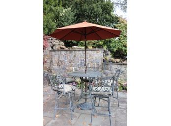 Pub Set With 5 Heavy Cast Aluminum Stools And Table, Includes Front Gate Umbrella And Matching Stand