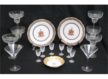 2 Decorative Painted Plates, Margarita Glasses, Cordials, Small Limoges Bowl 2 Martini Glasses