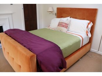 Queen Size Upholstered Bed In Pumpkin Spice Tufted Velvet, With Mattress, Box Spring & All Quality Bedding