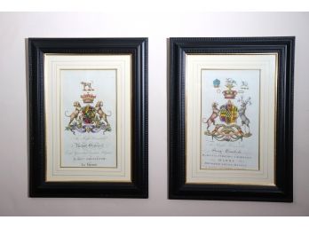 Pair Of Antique Hand Colored Prints Featuring Family Crests Of Baron Grosvenor & George Somnfrend