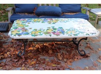 Gorgeous Hand Painted Italian Ceramic Coffee Table On Wrought Iron Base By Ceramiche Cosmonela