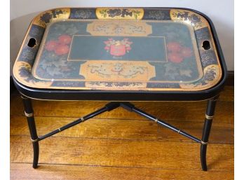 Antique English Tray Table On Ebonized Wood Base