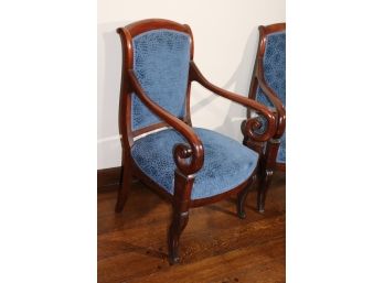 Pair Of Late Empire Mahogany Curved Arm Armchairs With Custom Blue Velvet Speckled Fabric