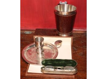 Desk Top Decor Featuring Antique Eyeglasses In Original Case, Leather Wrapped Pencil Holder & Paper Holder