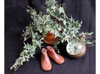 Group Of Tabletop Items Including Antique Wood Childrens Shoe Form, Antique Look English Clock