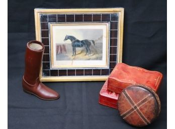 Quality Vintage Decorative Lot Including Antique Framed Horse Print, 3 Leather Boxes And Leather Boot Form