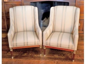 Pair Elegant English Wing Chairs In Beige Moire Fabric With Delicate Stripe Detailing