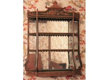 Chinoiserie Style Carved & Hand Painted Hanging Wall Display Cabinet / Shelf With Mirrored Back