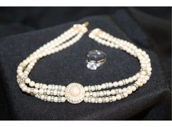 Pretty Christian Dior 3 Strand Beaded Choker Includes A Pretty RSC Silver Ring With Stone