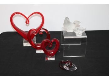 Hand Blown Heart Shaped Art Glass Sculpture By GCA Art Glass, Heart Chain Links, Lalique Love Birds & Dove