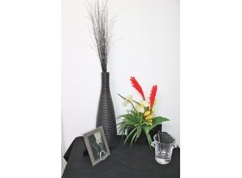 Tall Black Ceramic Vase, Faux Floral Centerpiece, Ice Bucket With Tongs & Blue Stone Picture Frame