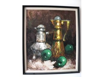 Vintage Highly Textured Oil On Burlap Still Life Of Vessels In Black Frame