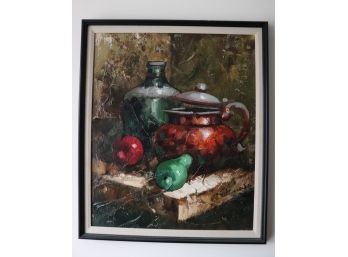 Vintage Highly Textured Oil On Burlap Still Life Of Vessels In Black Frame