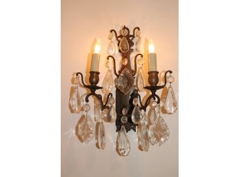 Pair Of Electrified Brass & Crystal 2 Arm Wall Sconces