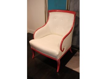 Retro Empire Style Armchair In Cream Naugahyde & Painted Wood Frame