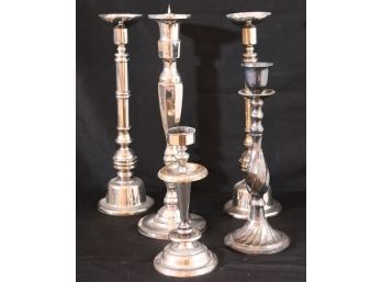 Lot Of 5 Assorted Vintage Silver Finish Candlesticks  Some By Godinger