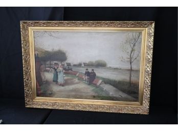 Antique Oil On Canvas Painting In Carved Gilded Wood Frame  H.B. 1919