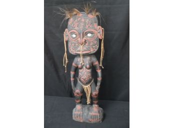 Detailed African Tribal Solid Wood Sculpture With Embellished Features