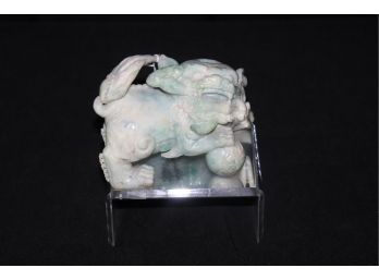 Carved Jadeite Foo Dog/Lion With Mirrored U-Shaped Pedestal Base