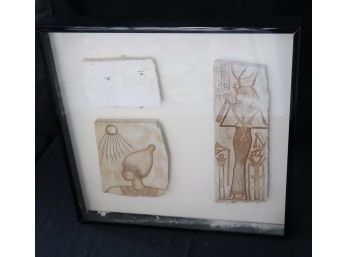 Egyptian Tourist Ceramic Artifacts In Black Metal Frame Shadowbox