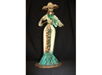 Unique Mexican Folklore Paper Mache Day Of The Dead Doll With Calla Lily Adornment