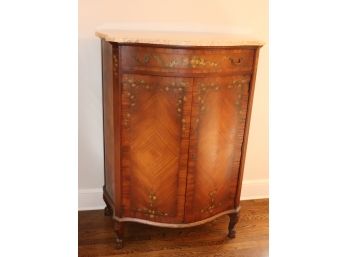 Antique French Provincial Veneer Tall Boy Wardrobe Dresser  With Marble Top With And Painted Floral Design