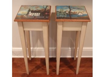 Pair Of Matching End Tables With Hand Painted Tops