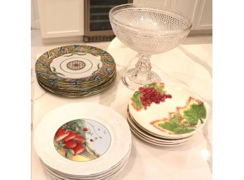 Grouping Of Serving Pieces Includes Pedestal Crystal Bowl, Metal Plates, Fruit Plates ++