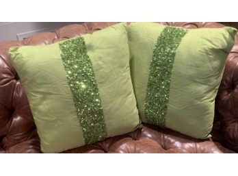 Lot Of 2 Green Pillows With Green Sequins Stripe On Each