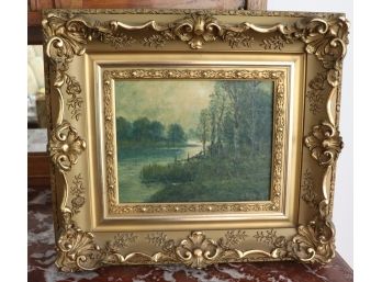 Signed Riverside Scene Oil In Gold Leaf Frame By N. Hivla