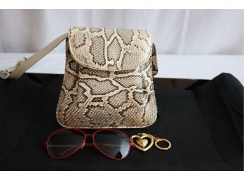 Sandra Roberts Snake Skin Purse, Moschino Heart Key Chair And Ralph Lauren Sunglasses