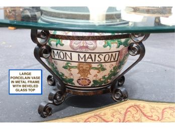 Large Porcelain Vase In Metal Frame With Beveled Glass Top Table