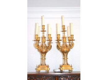 Pair Of Lage Brass Candelabras 21' Tall.