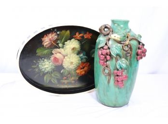 Floral Handpainted Inlay Tray With Bone Detail And 15' Ceramic Vase Jar