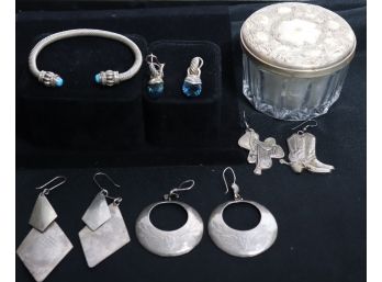 Assorted Lot Of Sterling Silver Jewelry: Sterling Bracelet With Turquoise Stone, 4 Pairs Earrings, Box