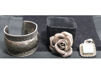 Assorted Lot Of Women's Sterling Silver Jewelry: Cuff Bracelet, Rose Pin And Pendant