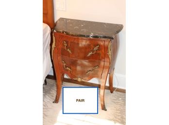 Pair Of Quality Antique Inlaid French Provincial Nightstands With Marble Top