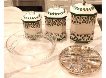 Nice Assorted Serving Pieces: Large Tiffany? Crystal Bowl, # Lannister's, Fun Trivet With Forks And Knives