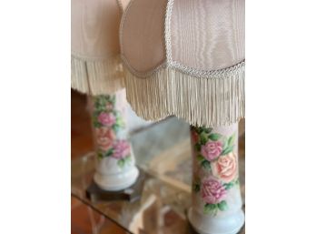 Pair Of Pretty Floral Lamps With Romantic Fringed Shades