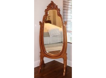 Large Tilting French Provincial Style Wood Mirror With Beveled Glass