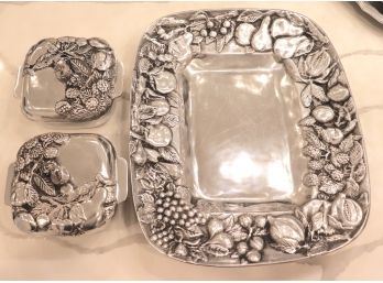 Large Quality Metal Serving Tray And 2 Matching Covered Bowls