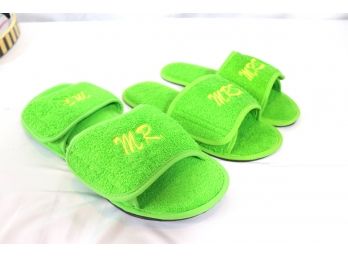 Mr. & Mrs. Matching Terry Town Green Fabric Slippers Men's XL And Women's M