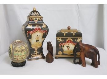 Lot Of Decorative Items With Painted Urn & Box, Embellished Ostrich Egg & 2 Carved Wood Animal Figurines